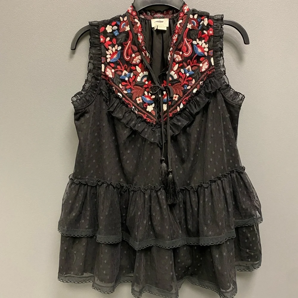 Kate Spade Camelia Embroidered Peplum Ruffle Top-Large